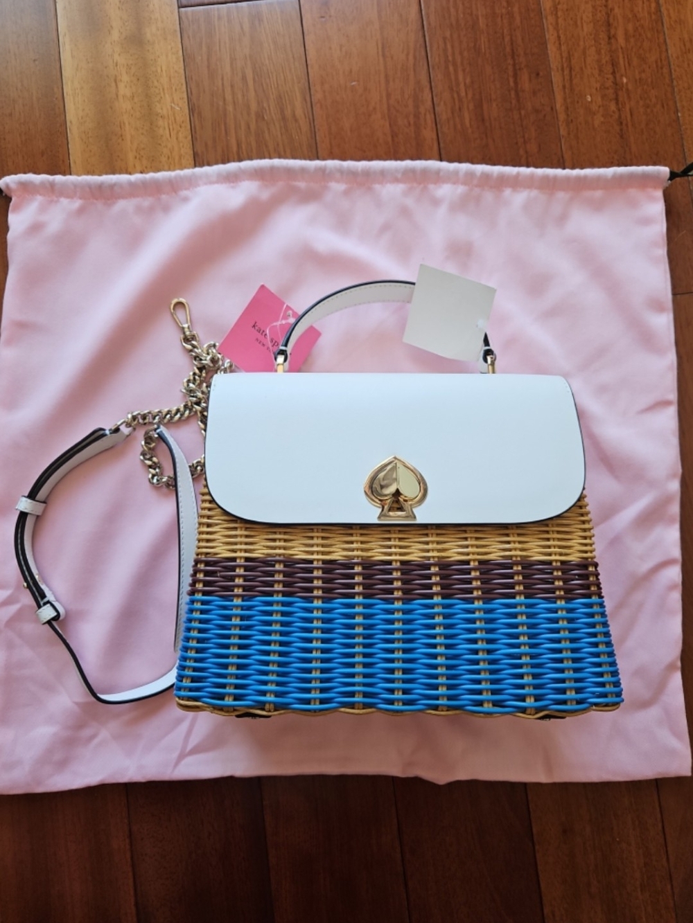 Kate Spade White Top Wicker Straw Satchel with Blue Accent